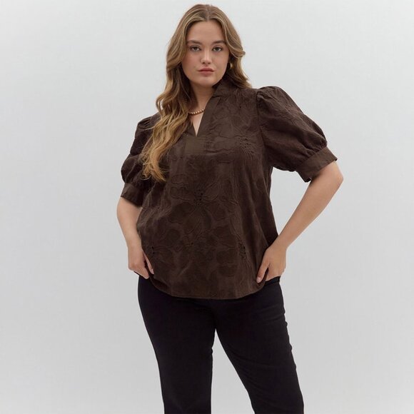 Entro Floral Embroidered Brown Plus Size Women's Cotton Blouse Size 1X - Picture 1 of 13